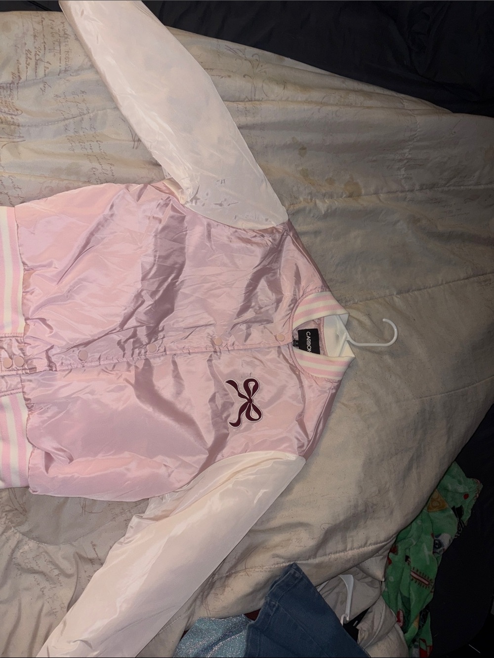 Carbon Pink Satin Bomber Jacket with White Trim